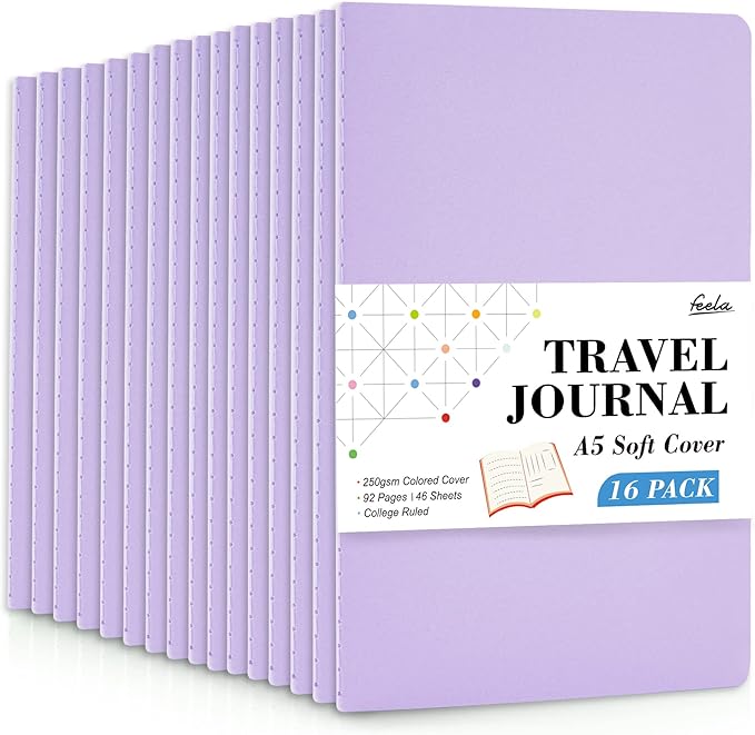 16 Pack Soft Cover Journal Bulk, Feela Lined Notebooks College Ruled for Work for Women Girl Writing, Blank Travel Journal Note Taking Notebook School Business Supplies, 8.2” x 5.5”, A5, Light Purple