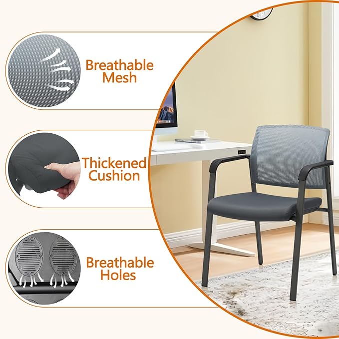 CLATINA Mesh Back Stacking Arm Chairs with Upholstered Fabric Seat and Ergonomic Lumber Support for Office School Church Guest Reception Grey