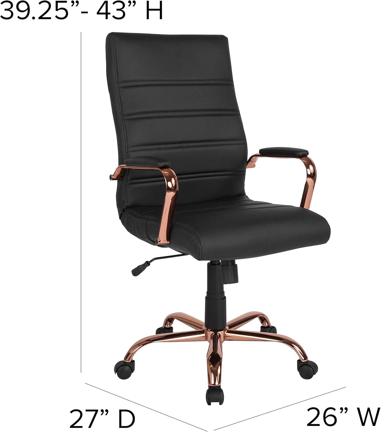 Flash Furniture Whitney High-Back Swivel LeatherSoft Desk Chair with Padded Seat and Armrests, Adjustable Height Padded Office Chair, Black/Rose Gold
