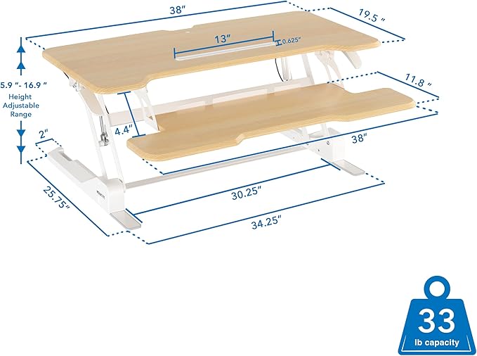 Mount-It! Height Adjustable Standing Desk Converter, 38” Wide, Desk Riser for 2 Monitors, Manual Gas Spring Sit Stand Desktop Raises to 16.9", Fits Two Monitor Screens with Keyboard Mouse Tray Maple
