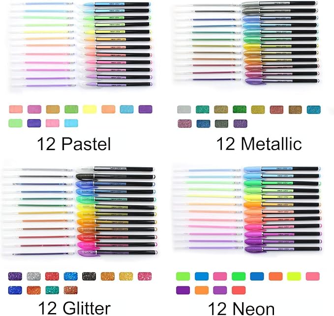 Lemical 48pcs Gel Ink Pens - 4 Types (12 Pastel, 12 Neon, 12 Metallic, 12 Glitter) Colors Drawing Pens for Greeting Cards, Coloring Books, Office Art