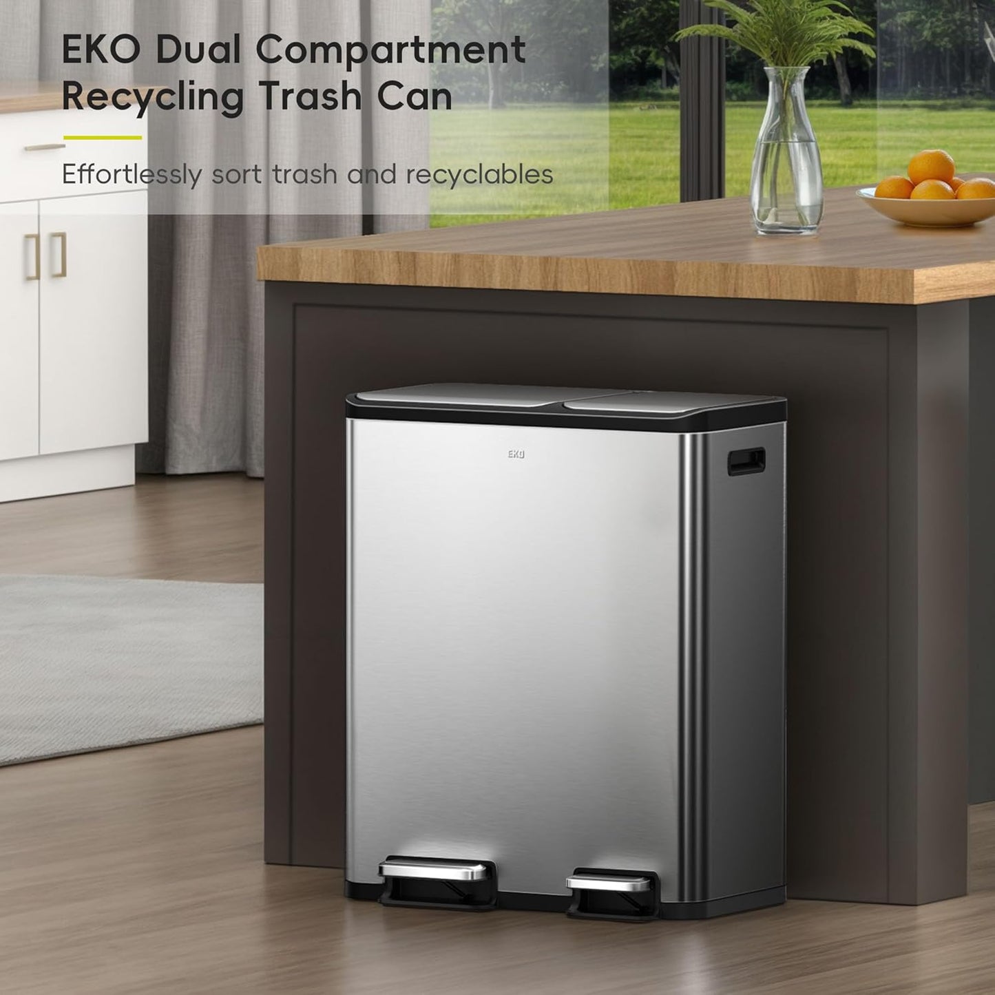 EKO EcoCasa Stainless Steel Dual Step Trash Can for Recycling, 30L+20L Rectangular Kitchen Trash Can, Independent Pedals and Lids, Soft Close and Fingerprint Resistant