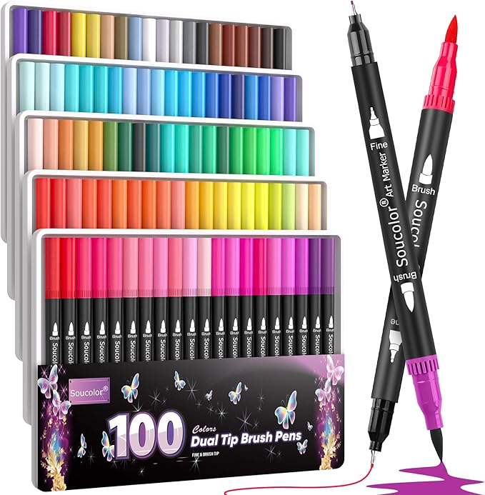 Soucolor Gifts for Teen Girls, Aesthetic Cute Preppy Stuff School Supplies, Teen Girl Gifts, Art Kits for Girls Ages 6-14, 100 Colors Dual Tip (Brush and Fine Point) Markers Pens for Mothers Day Gift