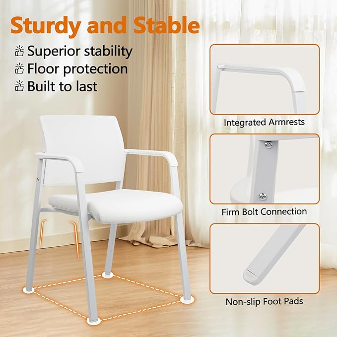 CLATINA Stacking Office Chairs | Mesh Back, Thicken Leather Seat and Arms, Ergonomic Lumbar Support | Guest Reception, Waiting, Conference, School, Party, Customer, Side, Stationary | Set of 2, White