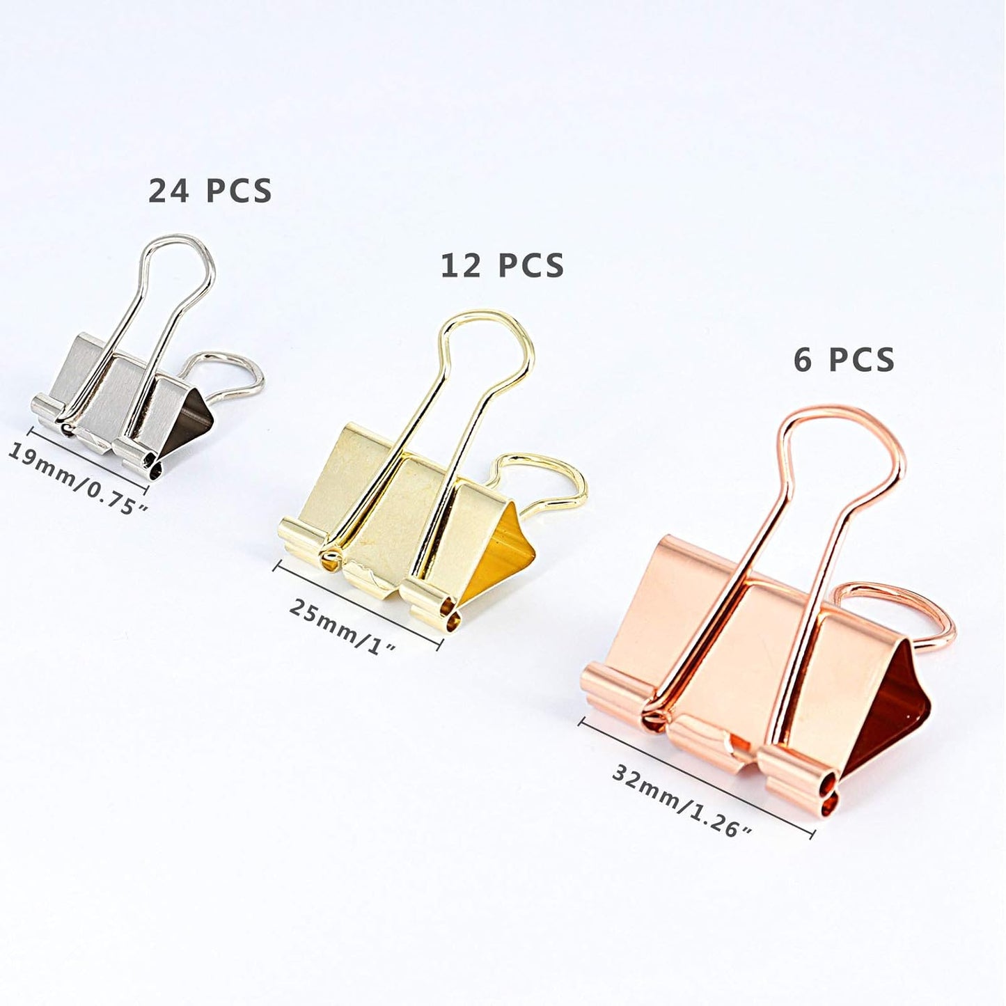Office Binder Paper Clips Assorted Sizes Set (Small, Medium, Large) Multicolored (Rose Gold, Gold, Silver), 42 Pack