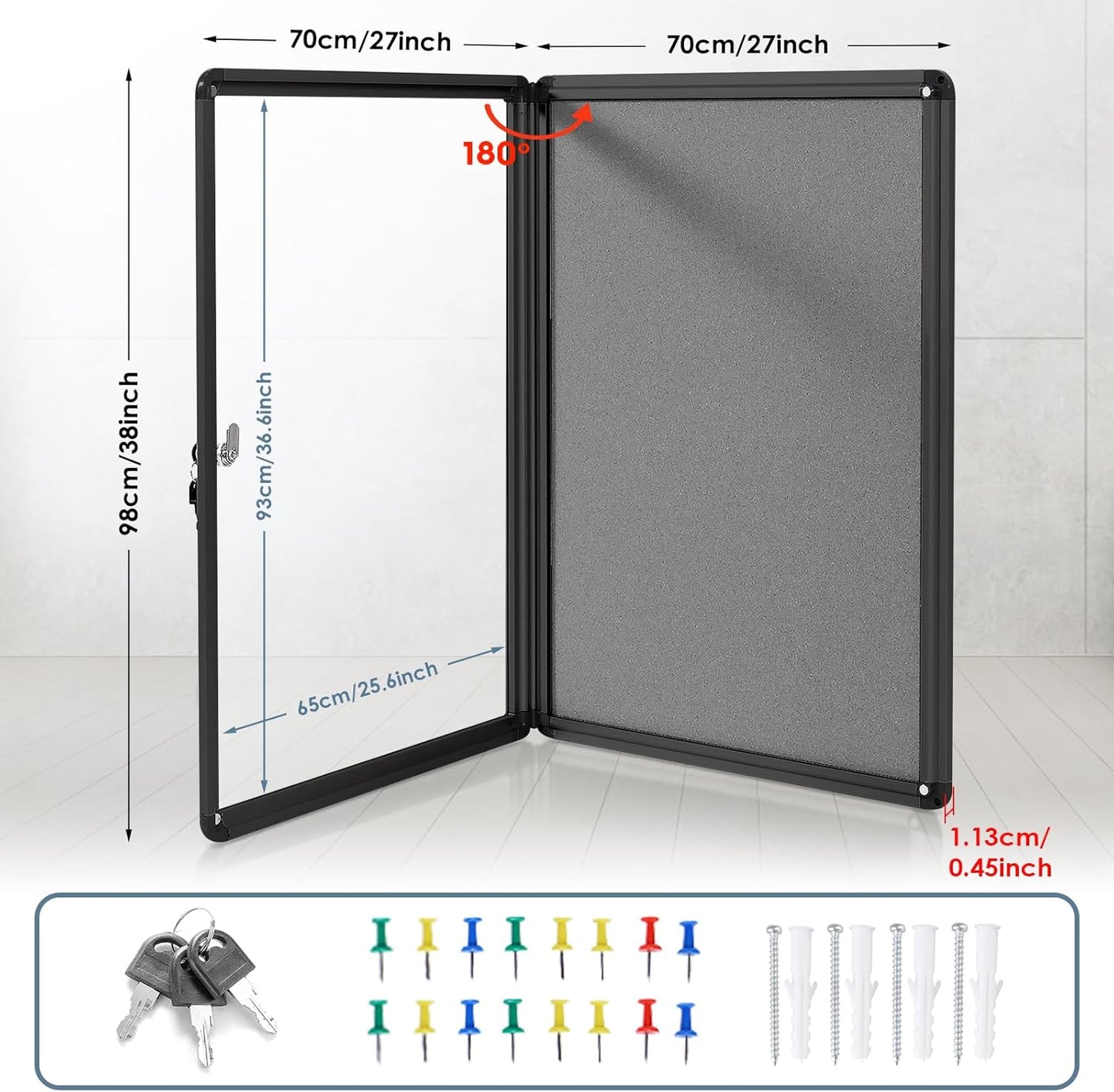 Enclosed Bulletin Board Lockable Display Case Message Board with Locking Door for Indoor, Grey Felt, Black Aluminum Frame, 38 X 28 in