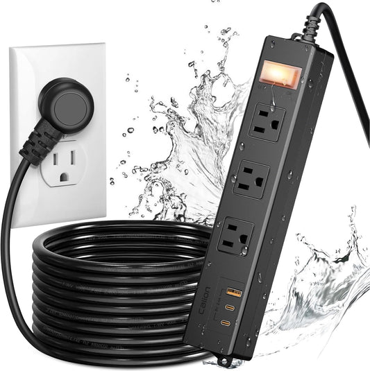 IPX6 Outdoor Power Strip Weatherproof, Waterproof Surge Protector with 3 Wide Outlet with 1A2C USB Ports, 15FT Long Extension Cord, Wall Mountable for Outside Decorations and More UL Listed(Black)