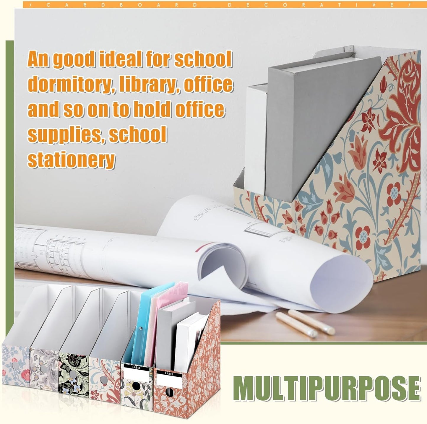 PerKoop 12 Pcs Magazine File Holder Foldable Decorative Cardboard File Folders 6 Patterns Floral Colored Magazine Rack with Printable Sticker Labels for School Office Home Desk (Floral)