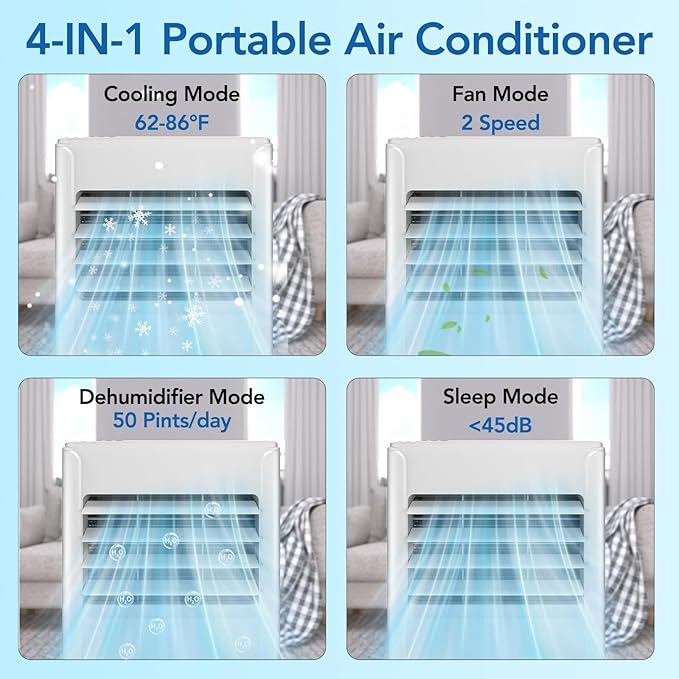 Portable Air Conditioners 10000 BTU with Remote Control, Cools Room up to 400 sq.ft, 3-IN-1 Quiet Portable Ac Unit with Dehumidifier Fan Function, Sleep Mode, 24H Timer, Portable AC Units for Rooms
