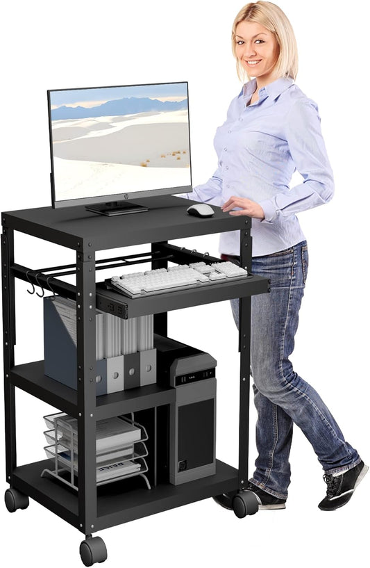 tonchean AV Presentation Cart with Keyboard Tray, Heavy Duty Mobile Workstation Presentation Cart for Video Projector, Laptop Computer, Media Cart for School Classroom Office（Black）