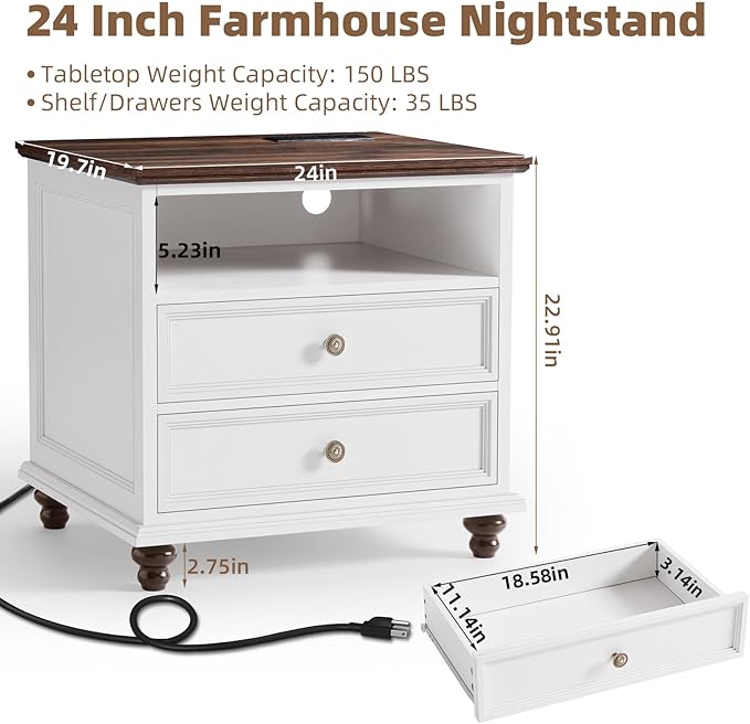 24" Wide Farmhouse Nightstand Set of 2 with Charging Station,End Table with 2 Drawers,White Wood Dresser for Bedroom Cabinet, Bed Side Table Chest of Drawers, Night Stand for Living Room, Closet