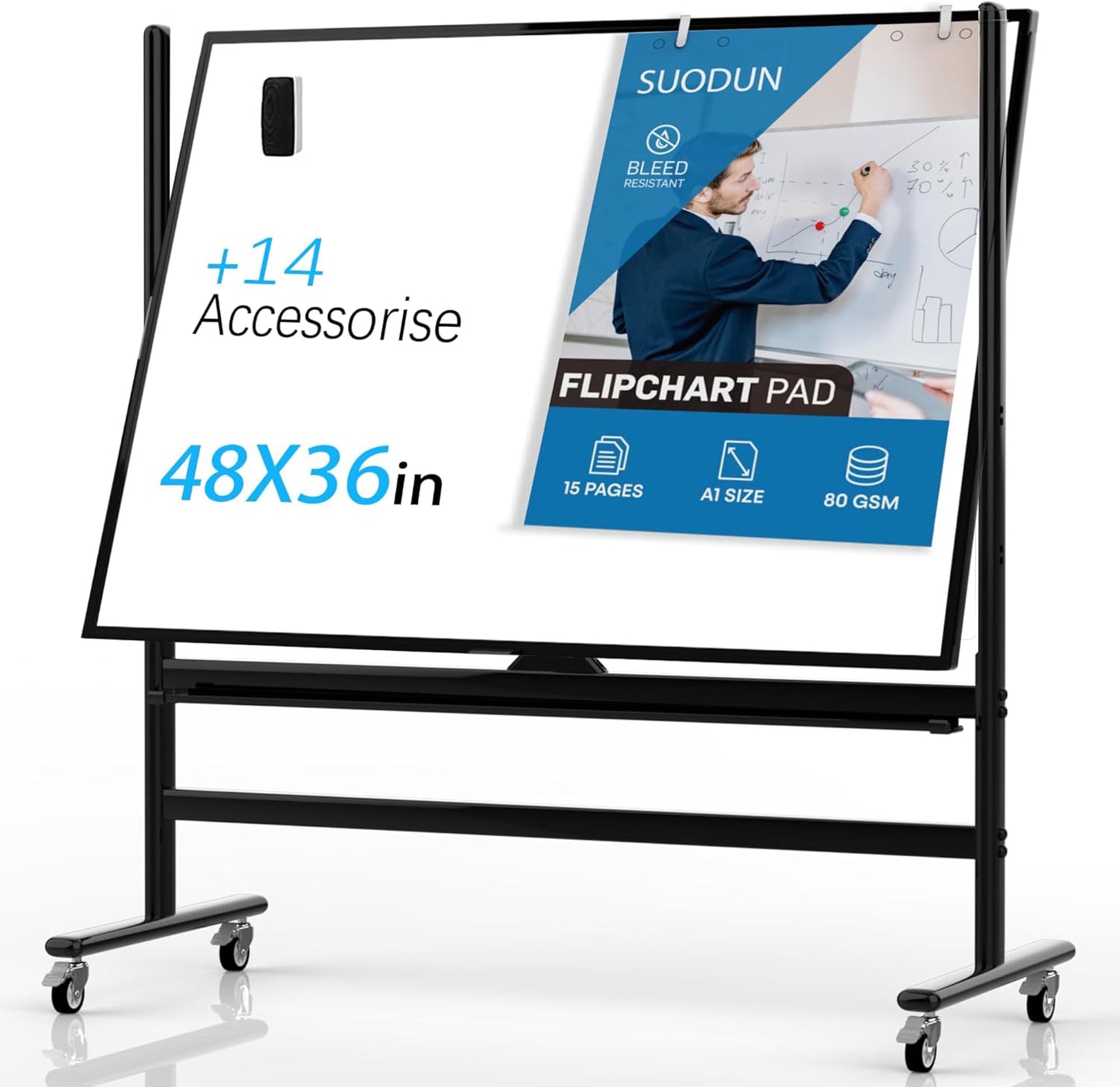 Large Dry Erase Board 48 x 36 Magnetic Non-Foldable Whiteboard with Stand Portable Mobile Rolling Double Sided with Wheels for Office Home Classroom