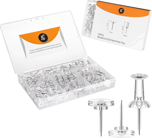 150 Pack Assorted Clear Push Pins by Luxurecourt for Bulletin Board, Wall Hanging, Cork Board, Shadow Box Display - Includes Flat Head Thumbtacks & Standard Pushpins in Plastic Resuable Storage Box.