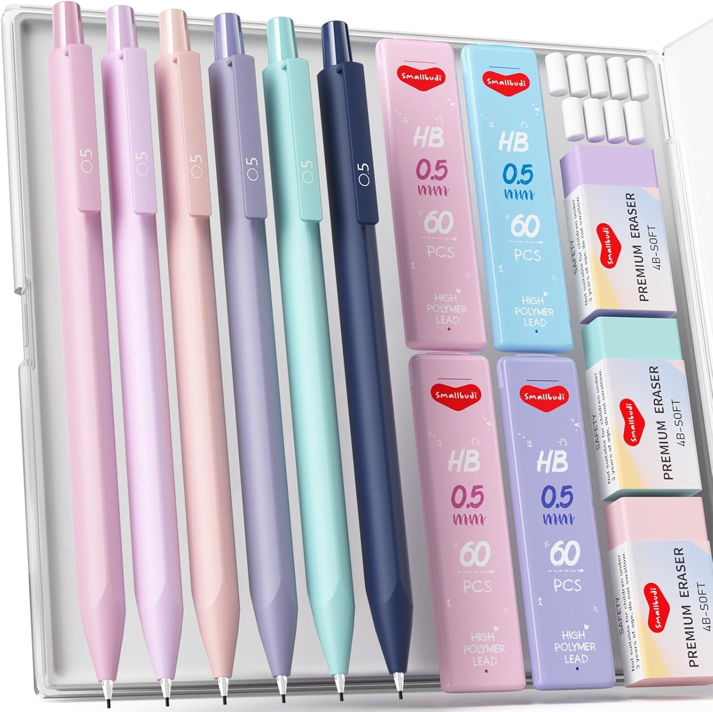 6PCS 0.5mm Mechanical Pencils Set with Case, Cute Pastel Mechanical Pencil with 240PCS HB Lead Refills, 3 Erasers, Aesthetic Back to School Supplies for Student Writing Drawing Sketching