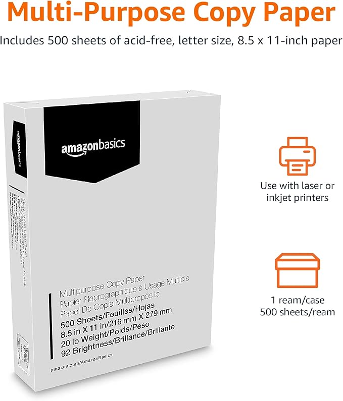 Amazon Basics Multipurpose Copy Printer Paper, 8.5 x 11 Inches, 20 lb, 1 Ream, (500 Sheets), 92 Bright, White