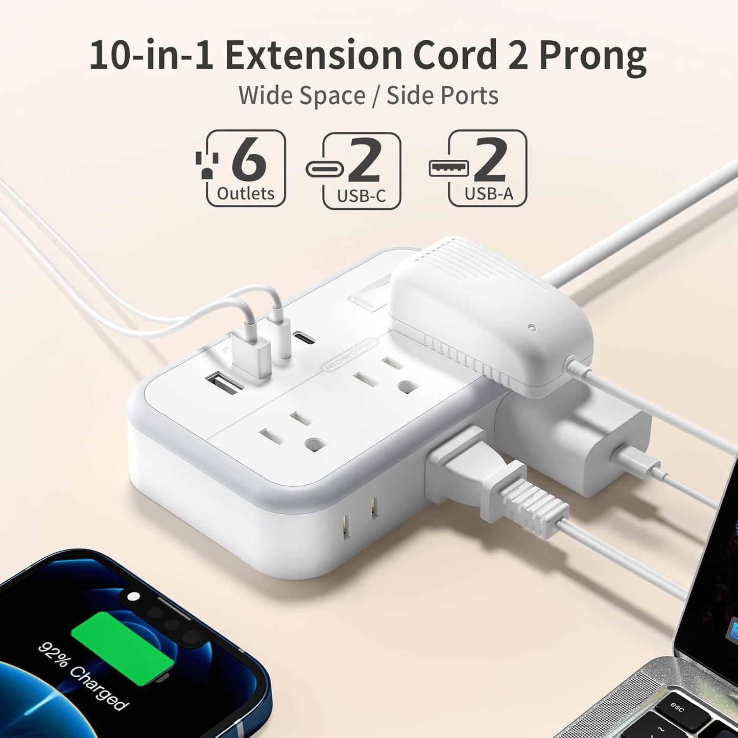 NTONPOWER 2 Prong Extension Cord 25 FT, 1080 Joules Surge Protector Power Strip with 6 Outlets 4 USB Ports(2 USB C), 1875W Three Prong to Two Prong Adapter, Rotating Flat Plug, Ideal for Old House