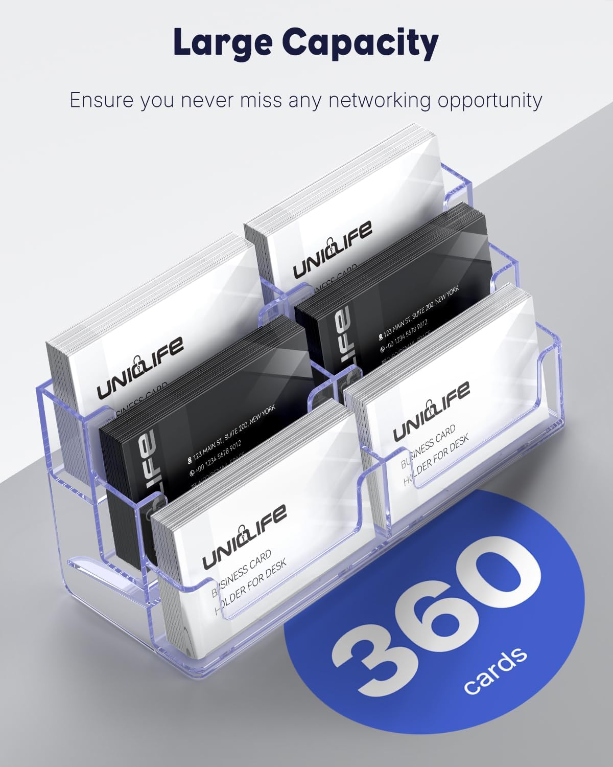 Uniclife 2 Pack Acrylic Business Card Holder for Desk 3 Tiers 6 Slots Clear Business Card Display Stand for Men & Women Desktop Business Card Organizer Card Stand for Office Home, 360 Card Capacity