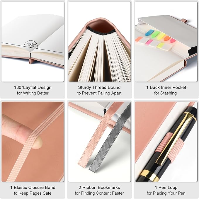 Graph Paper Notebook, 312 Numbered Pages Large A5 Hardcover Leather Journal, 100gsm No Bleed Grid Paper Notebook with Index Pages, Grid Notebook for Graphing Notes Math, 5.75" x 8.38", Pink