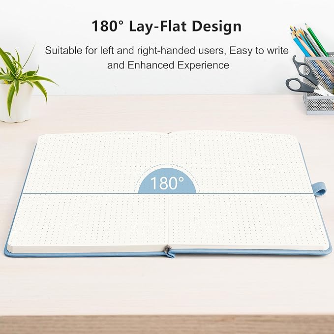 RETTACY Bullet Dotted Journal Notebook, 192 Pages, A5 Medium Size (5.7'' x 8.3''), Leather Hardcover, 100 GSM Thick Paper, for Bullet Journaling, Planning, Tracking (Light Blue)