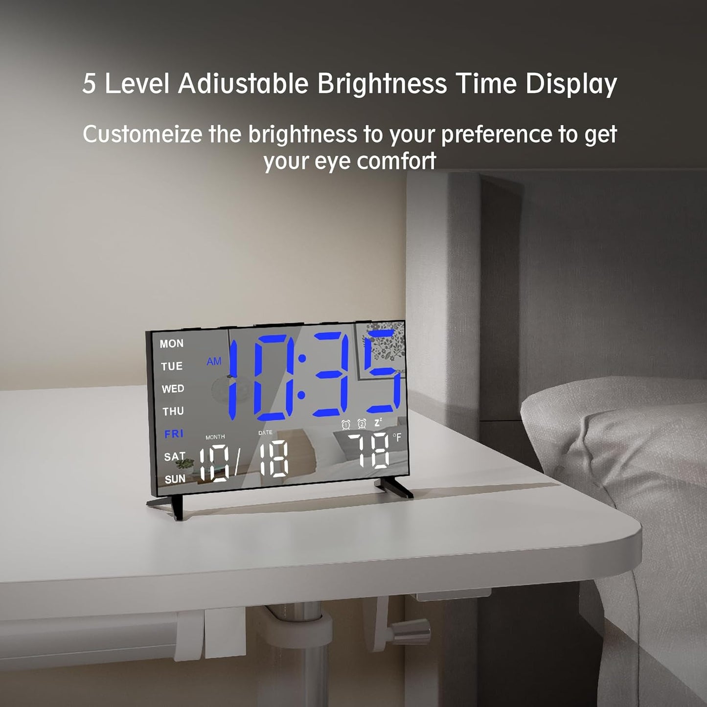 Mirror Digital Loud Alarm Clock with with Date,Indoor Temperature,USB Charging Port,Dimmer,Dual Alarms,Adjustable Volum,12/24H, Snooze, Perfect for Bedroom and Living Room (Black+Blue Digit)