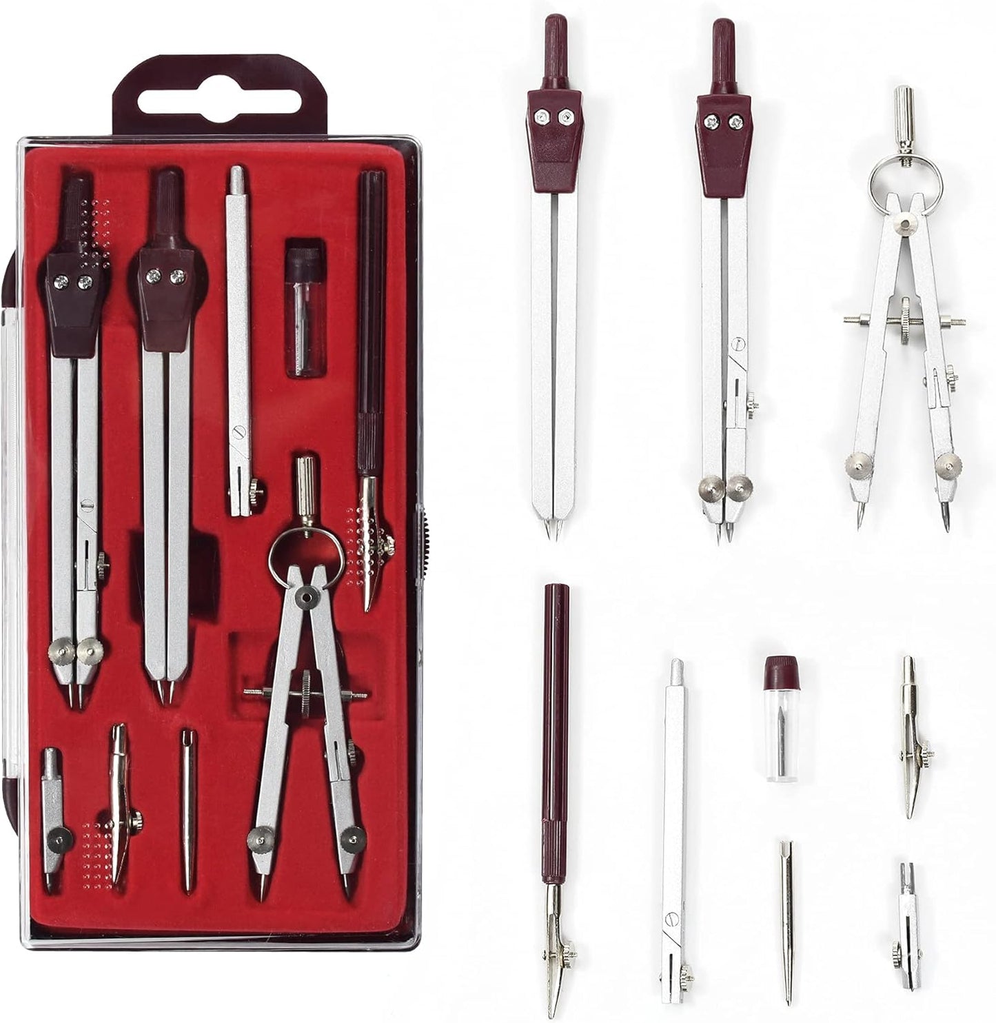 Drawing 9Pc Geometry Set Metal Compass, Geometry Precision Tool for Student, Circle Drawing Tool and Architecture, Drafting Kits for Engineer with Shatterproof Storage Box (Red)
