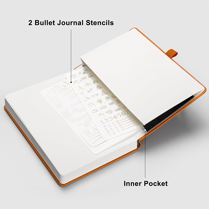 RETTACY Bullet Dotted Journal Notebook, 192 Pages, A5 Medium Size (5.7'' x 8.3''), Leather Hardcover, 100 GSM Thick Paper, for Bullet Journaling, Planning, Tracking (Orange)