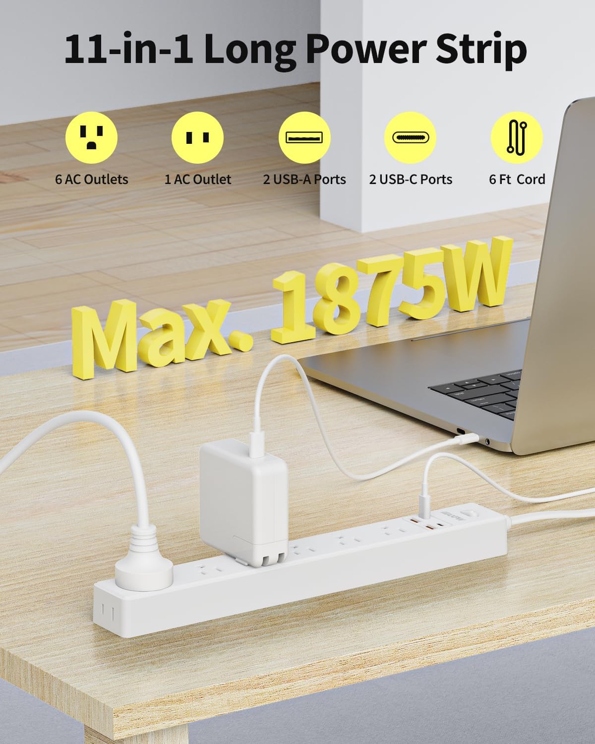 6 Ft Power Strip Surge Protector - 7 Outlets 4 USB Ports (2 USB C), Ultra Thin Flat Extension Cord & Flat Plug, 1700 Joules, Wall Mount, Desk Charging Station for Home Office Dorm, White