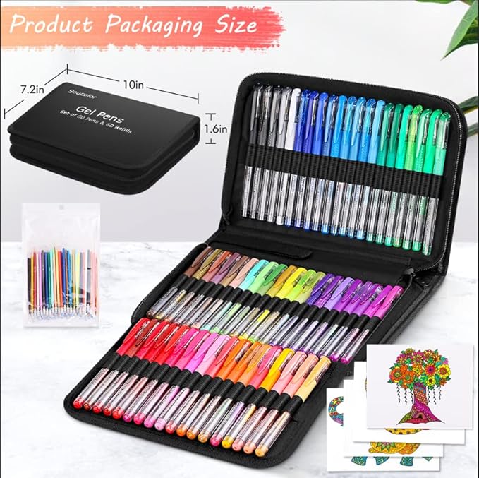 Soucolor Gel Pens for Adult Coloring Books, Deluxe 120 Pack-60 Colored Gel Pens, 60 Refills and Travel Case, with 40% More Ink Gel Art Markers Set for Drawing Journaling Scrapbooking Art Kit Supplies