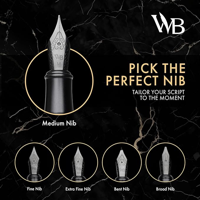 Wordsworth & Black Fountain Pen Set, Extra Fine Nib, Includes 24 Pack Ink Cartridges, Ink Refill Converter & Gift Box, Calligraphy, [All Black], Perfect for Men & Women