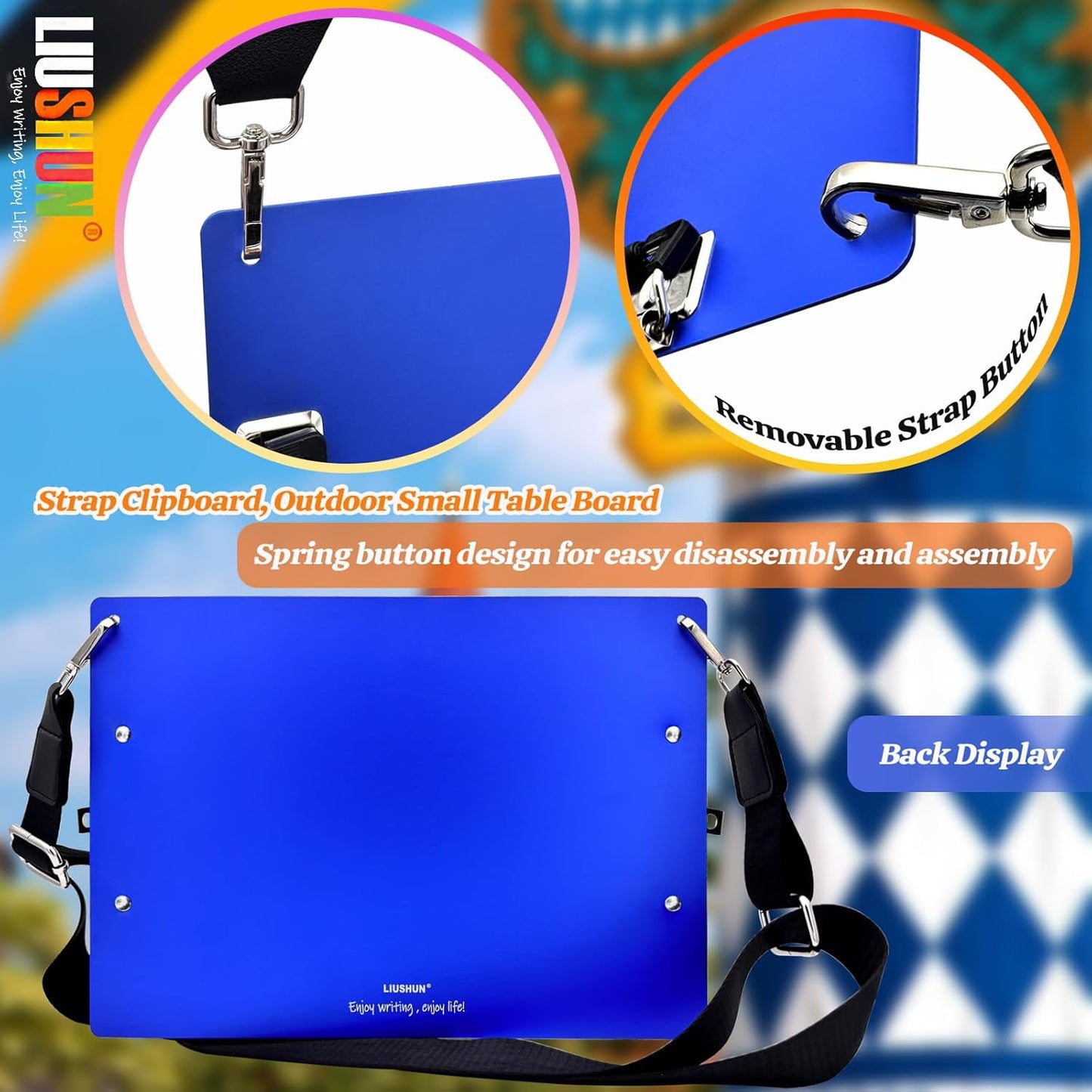 Aluminum Metal Clipboard with Detachable Adjustable Shoulder Strap A4 Double Clip Board Stainless Hangable w/Pen Holder Letter 9" x 12.6" for School Office Business Factory (Blue-with Strap, A4)