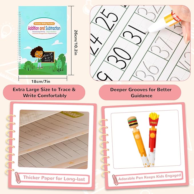 Large Size Grooved Writing Books for Kids Age 3-5 6-8, 8 Pack Magic Grooved Writing Practice Copybooks, Handwriting Prastice with Cute Fade-Resistant Pens, Workbooks Number Letter Tracing for Kids