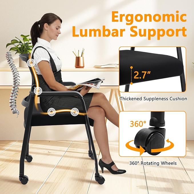 Waiting Room Chairs with Wheels, Adjustable Mesh Backrest, Desk Chair with Ergonomic Lumbar Support and Thickened Seats Cushion, 8 Pack Black