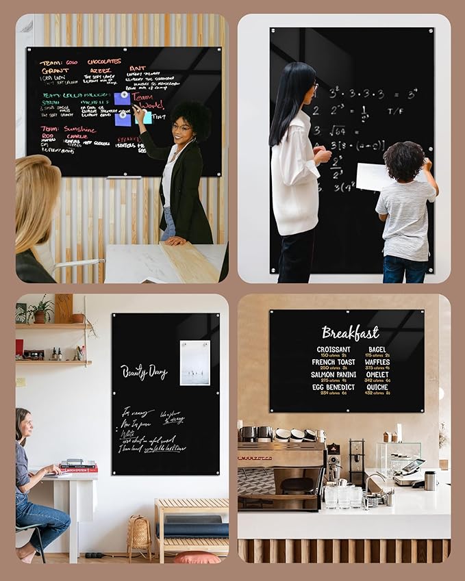 Magnetic Glass Whiteboard，72"x48" Wall Mounted Frameless Dry Erase Board for Office, Home & School Black