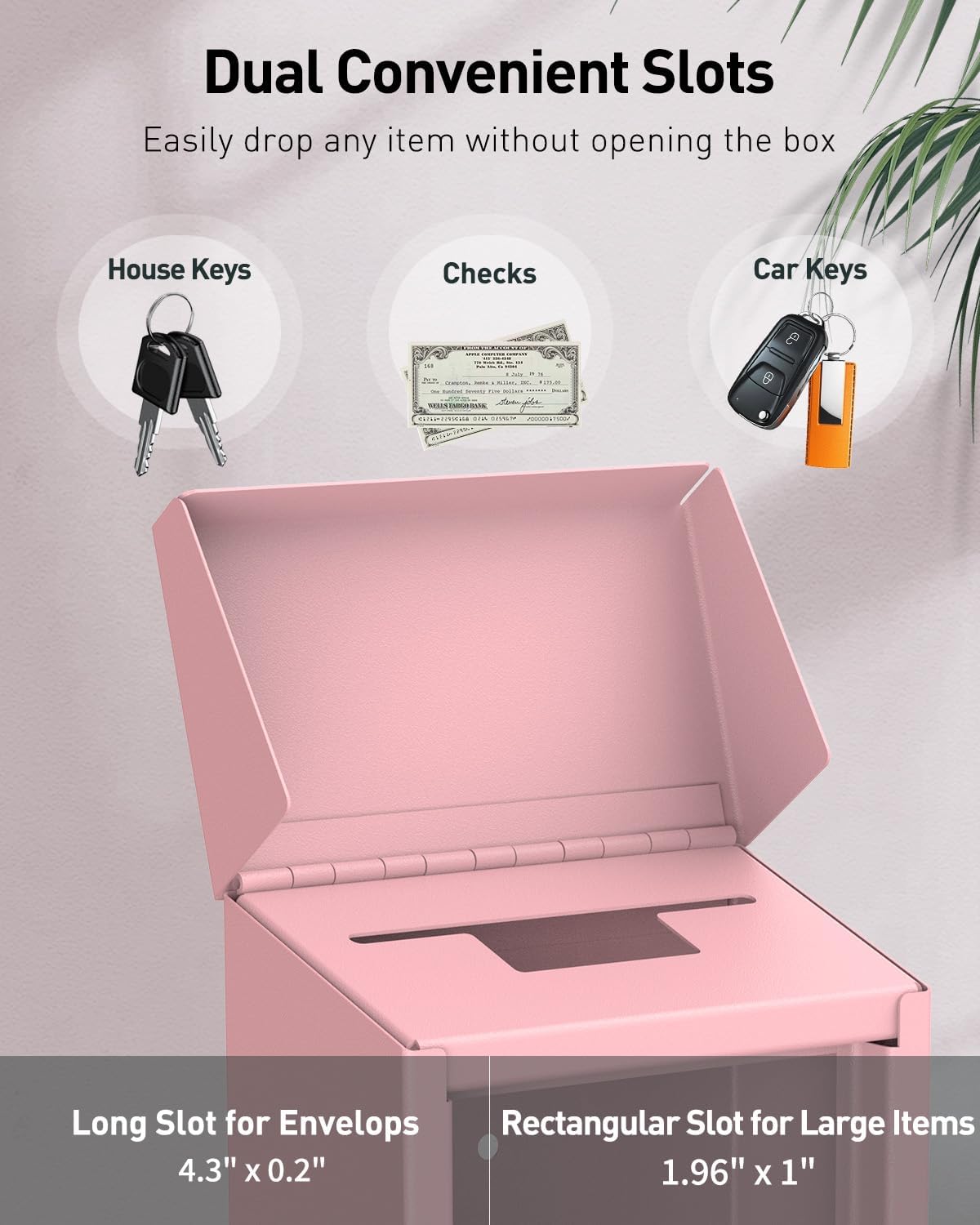 Uniclife Pink Key Drop Box for Outside, Metal Safe Suggestion Box with Key Lock, Collection Boxes Donation Chest, Wall Mounted Mailbox with Top Slot, Steel Cash Drop Chest for Home Office Business
