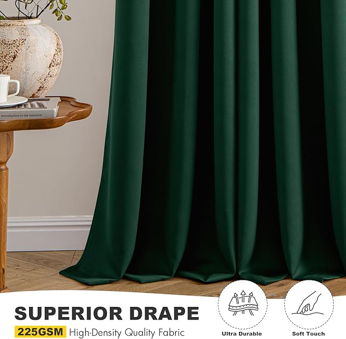 MIULEE Hunter Green Blackout Curtains for Bedroom Living Room 63 Inches Long 2 Panels, Thermal Insulated Room Darkening Drapes Solid Grommet Top Noise Reduction Emerald Green Curtains 40x63 Inch