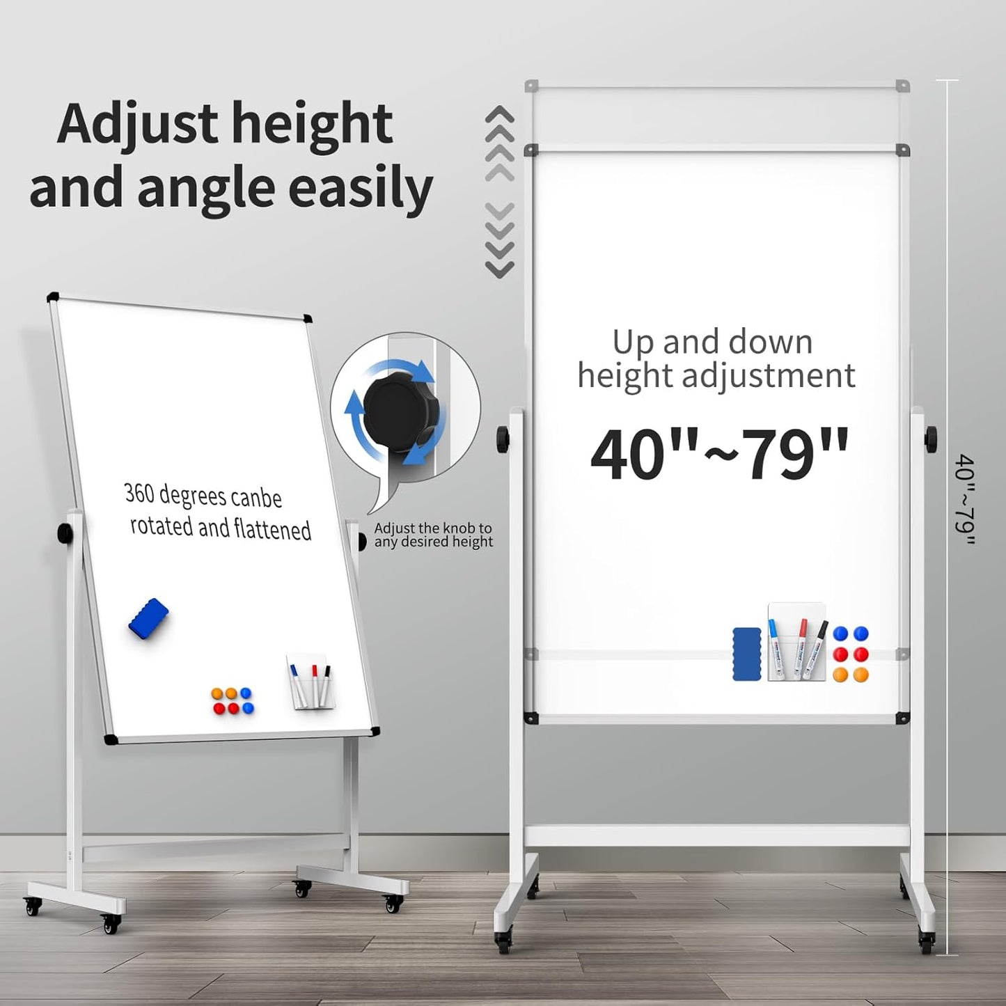 Rolling Whiteboard, Double Sided Magnetic Dry Erase Board Height Adjustable Whiteboard with Stand for Home Office Classroom (44" x 28")