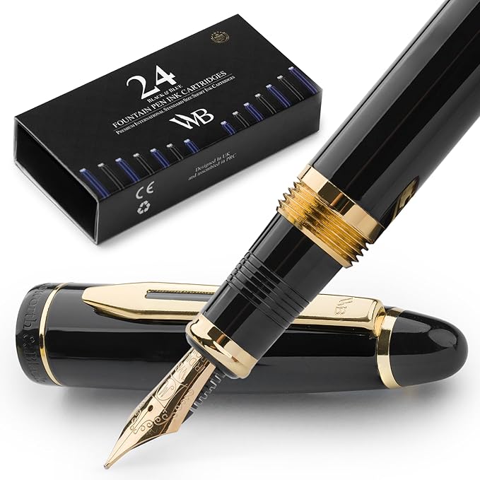 Wordsworth & Black Majesti Fountain Pen-(Black), Luxury Case, Gold Finish; 18K Gilded Medium Nib- Ink Cartridges, Refillable Ink Converter-Calligraphy Pen-Best Business Gift Set for Men & Women