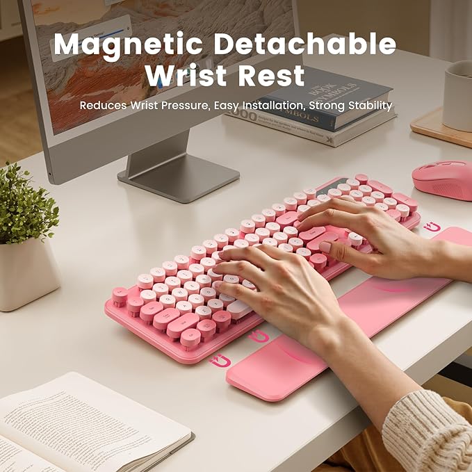 Wireless Keyboard, Round Keycaps, Retro Typewriter Keyboard with Detachable Wrist Rest, Sleep Mode, Foldable Legs, 2.4GHz Full-size Cordless Computer Keyboard for Windows/PC/Laptop (Baby Pink)
