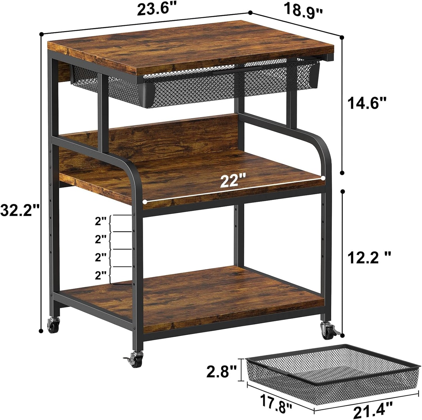 EasyCom 23.6''x18.9'' Extra Large Printer Stand with Drawer, 5-Adjustable Heights 3 Tier Table with Wheels, Rolling Printer Cart with Storage for Printer Scanner Fax Home Office Use