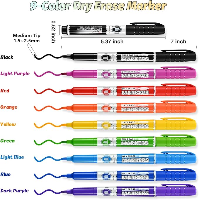SUIN 9 Colors Dry Erase Markers - Low Odor, Non-Toxic, Slim Whiteboard markers, Medium Fine Tip Whiteboard Pens for Kids, Office, Classroom & Home, 9 Count