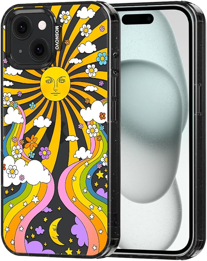 MOSNOVO Case for iPhone 15 Plus, [10ft 4X Military-Grade Drop Protection] Durable & Shockproof Phone Case Cover Design for iPhone 15 Plus / 14 Plus - 70's Psychedelic Groovy Art - Clear Black