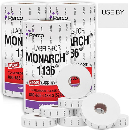 Perco USE by Labels for Monarch 1136 Price Gun - Buy 2 Sleeves Get 1 Free! 24 Rolls, 42,000 Labels - with Bonus Ink Rolls