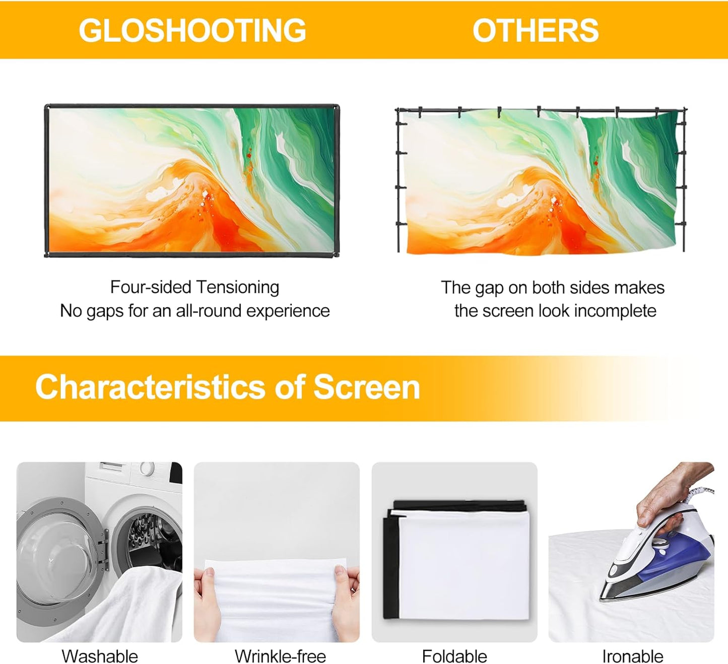 Outdoor Projector Screen with Stand, 120 inch Portable Projector Screen Stand with Elastic Rope Bar, Indoor 16:9 4K HD Wrinkle-Free Front Rear Projection Screen with Carry Bag for Movie Night Camping