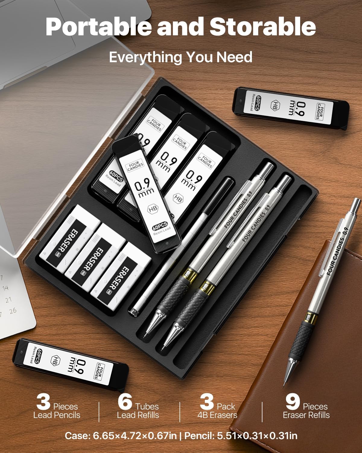 Four Candies Metal Mechanical Pencil Set - 3PCS 0.9mm Art Mechanical Pencils & 360PCS HB Lead Refills & 3PCS Erasers & 9PCS Eraser Refills, Drawing Mechanical Pencils for Writing, Sketching/With Case