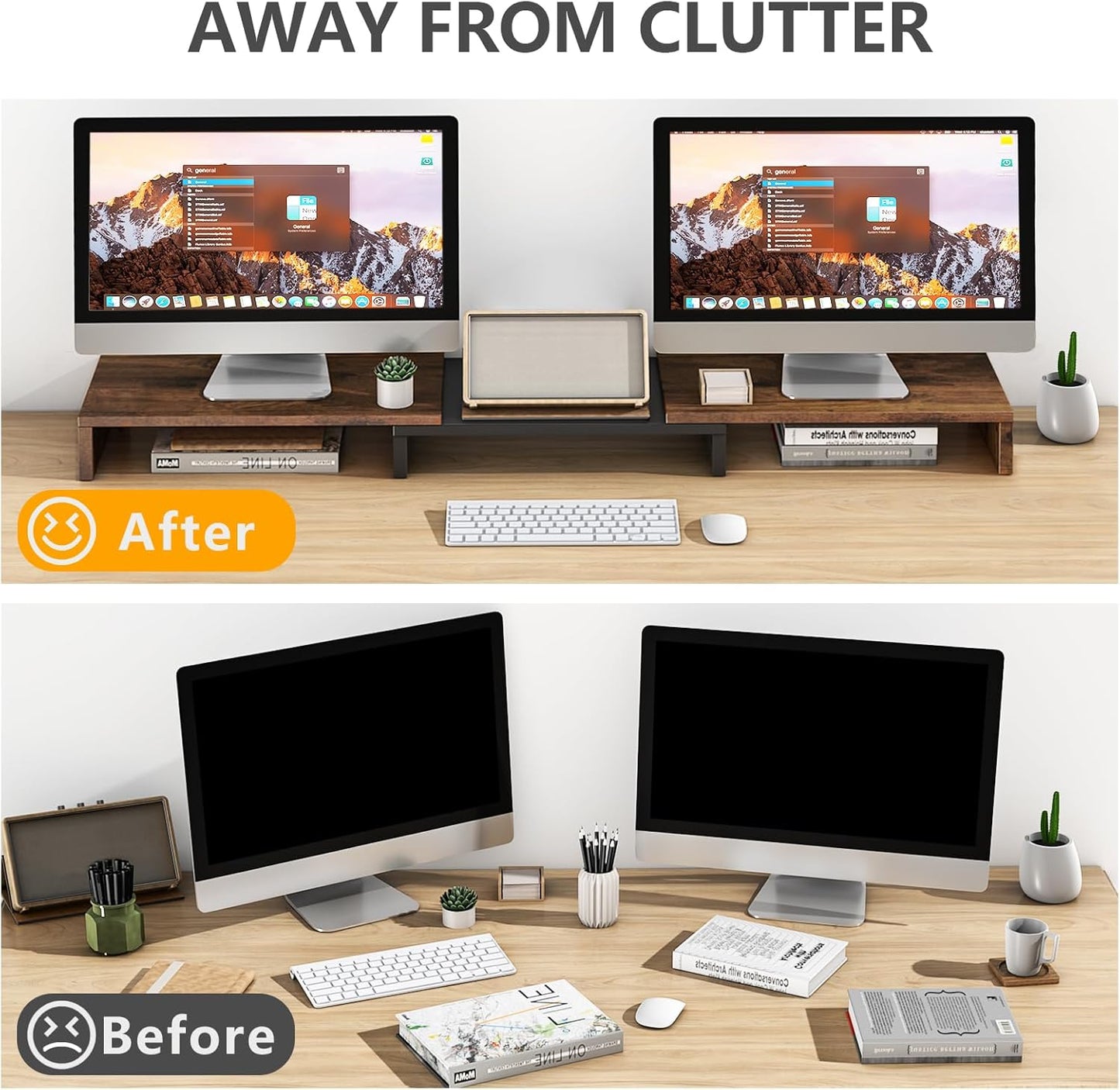 TAVR Dual Monitor Stand Riser, Computer Monitor Stands for 2 Monitors, Extra Long Multifunctional Desktop Organizer Riser for Computer, Laptop, PC, Printer, TV, Max 43.3" Length, Rustic Brown