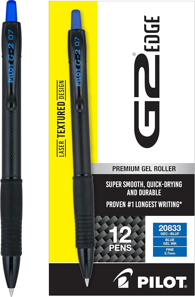 PILOT, G2 Edge Blue Premium Gel Roller Pens, Sensory Writing Experience, 12ct box, Fine Point 0.7 mm