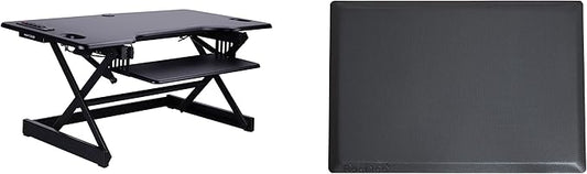 Rocelco 46" Height Adjustable Standing Desk Converter with AC USB Charger and Anti Fatigue Floor Mat - Sit Stand Up Triple Screen Riser Workstation - Keyboard Tray - Black (R DADRB-46-ACUSB-MAFM)