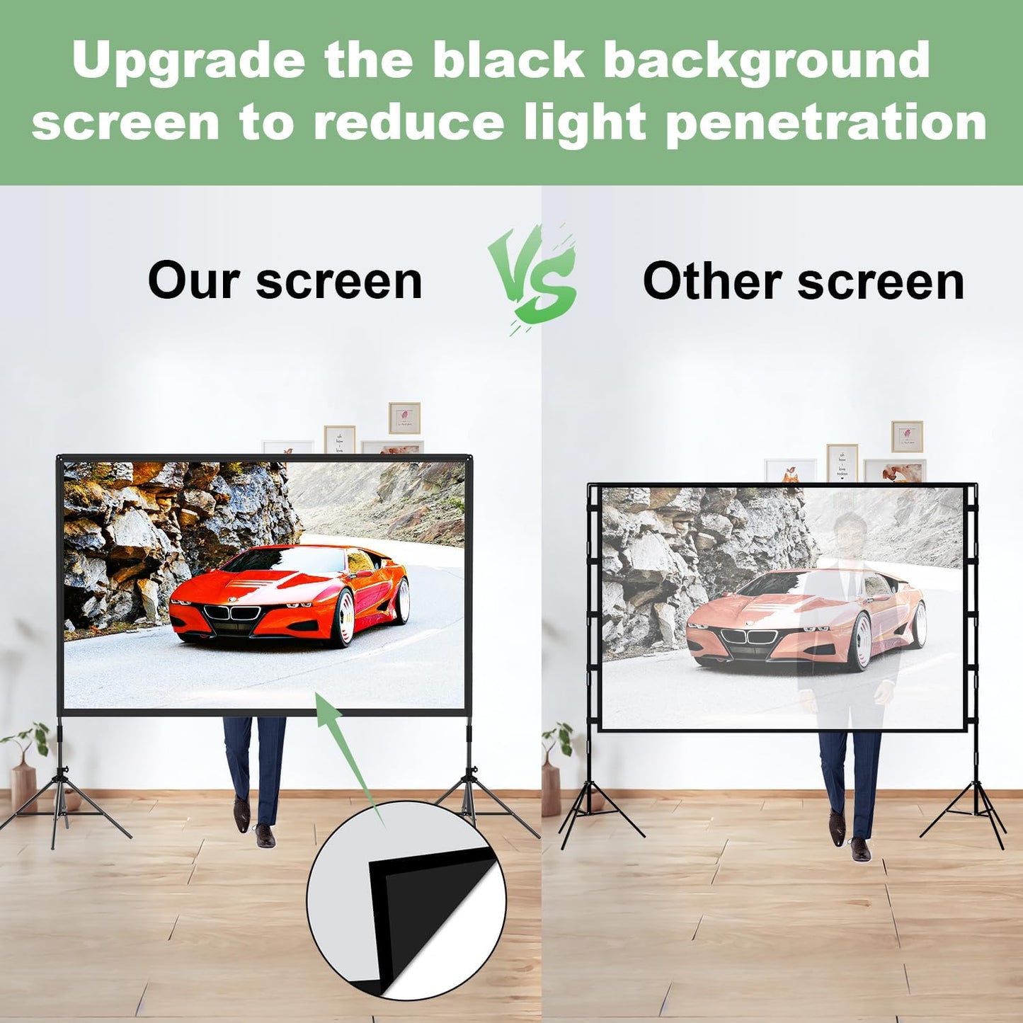 Projector Screen and Stand 120 inch,DUYIKJ Portable Black Backing Projector Screen Indoor Outdoor 16:9 4K HD Wrinkle-Free and Four-Legged Frame Movie Screen with Carry Bag for Backyard Movie Night