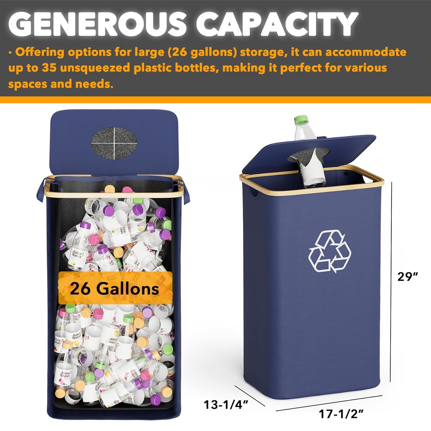 SpaceAid Recycling Bin for Kitchen 26 Gallon, 100L Recycle Bin with Lid and 2 Reusable Inner Bags, for Bottle Can Glass Plastic Stickers, Blue