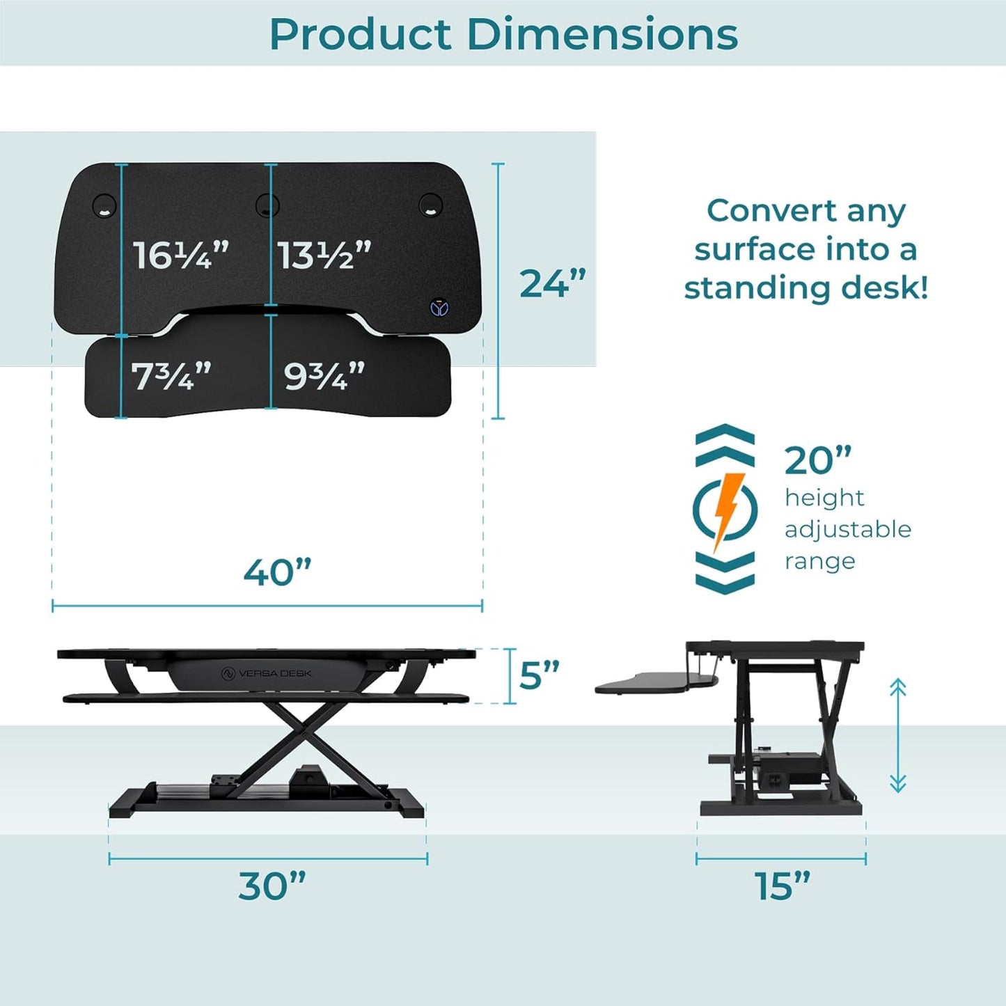 VERSADESK® PowerPro™ 40” x 24” Standing Desk Converter | 40 inch Electric Height Adjustable Sit to Stand Desk Riser w/ Keyboard Tray & USB Hub - Ergonomic Workstation for Home & Office, Black